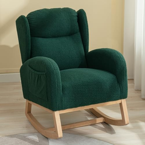 DEKKETO Teddy Schaukelstuhl Wohnzimmer, Bequem Stillsessel Sessel zum Stillen, Relaxstuhl Schaukelsessel Schwingsessel aus Holz, Kuschelsessel Erwachsenez, Grün
