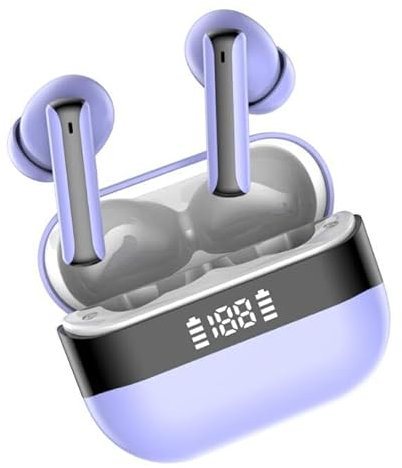 Motost Wireless Earbuds, 2024 Bluetooth 5.3 Headphones with HiFi Stereo Noise Cancelling Mic, Ear buds 40H Earphones Wireless Bluetooth IP7 Waterproof USB-C Fast Charge, LED Display Purple