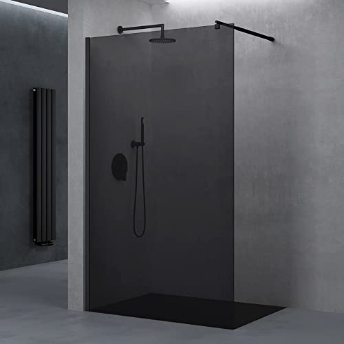 doporro Walk-In Dusche Duschwand 110x200cm Duschabtrennung 10mm ESG-Glas | vollgrau Duschwand mit Nanobeschichtung | rundem Stabilisator aus Edelstahl | Aluminiumrahmen in Schwarz | Bremen02VG
