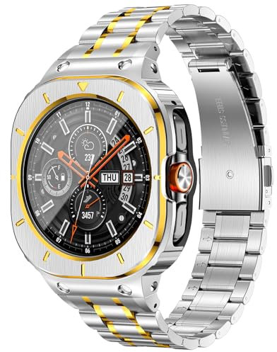 MioHHR Stainless Steel Straps with Covers Compatible with Samsung Galaxy Watch Ultra 47mm, Rugged Protector Case and Metal Band for Samsung Galaxy Watch 7 Ultra for Men (Sliver & Gold)