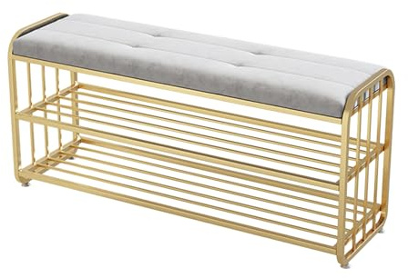MARIYCH 3-stufige Schuhregalbank, Moderne, mit Samt gepolsterte Eingangsbank mit Metallrahmen, Bettende-Aufbewahrungsbank für Eingangsbereich, Flur, Wohnzimmer, Schlafzimmer, Rosa/Grau