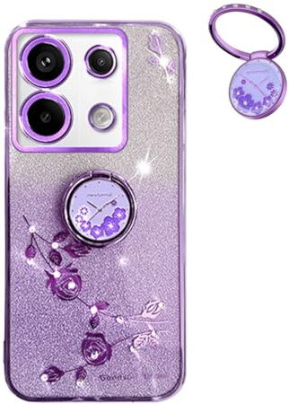 YUEQIAN Transparent Glitter Case for Xiaomi Redmi Note 13 Pro 5G/Xiaomi Poco X6 5G, Ultra Thin Soft Silicone TPU Bumper Shockproof Cover, Bling Diamond Flowers Ring Stand Women Girls Case. Purple