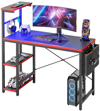 Bestier Piccolo tavolo per computer con striscia LED, scrivania con ripiano, tavolo reversibile, 113 x 50 cm, tavolo da ufficio con tasche laterali, per piccoli spazi in ufficio di casa