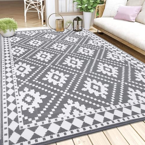 Enyhom Extra Large Outdoor Area Rugs, Waterproof Durable Garden Rug Foldable Recycled Plastic Straw Mat Portable UV Resistant Garden Carpet Rug for RV, Deck, Balcony, Porch (Grey, 240 x 300 cm)