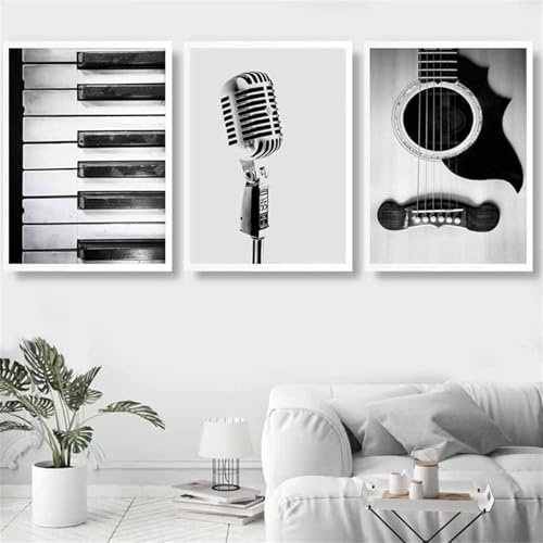 HTWLMM Schwarz-Weißes Klavier Mikrofon Gitarre Bilder Leinwand Malerei Ohne Rahmen Poster Kunstdruck Gemälde für Wohnzimmer Wohnkultur Wanddekoration (3X30X40CM,Kein Rahmen)