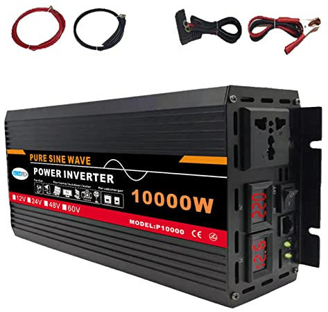 Convertisseur 12v 220v Pur Sinus 12000W Onduleur, Convertisseur de Tension avec écran LDE et 2 Prise Européenne, Adaptateur de Chargeur de Voiture Rapide USB,12VTo220V-10000W