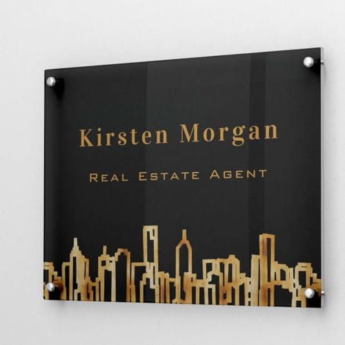 Panneau de porte personnalisable en acrylique noir et doré avec motif d'horizon urbain, panneau de bureau personnalisé pour agents immobiliers et courtiers
