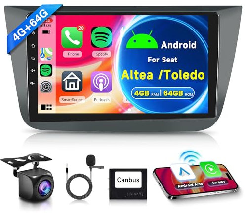 4G+64G Wireless Carplay Android Autoradio 2 Din für Seat Altea 2004-2015 Toledo 2004-2009 9 Zoll Autoradio mit Wireless Android Auto Navi GPS WiFi Mirror Link Bluetooth FM/RDS/32 EQ/SWC Rückfahrkamera
