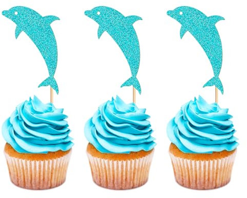 Blumomon 24 Stück Ocean Glitter Delphin Cupcake Toppers Baby Shower Dekorationen Boy Geburtstagstorte Supplies