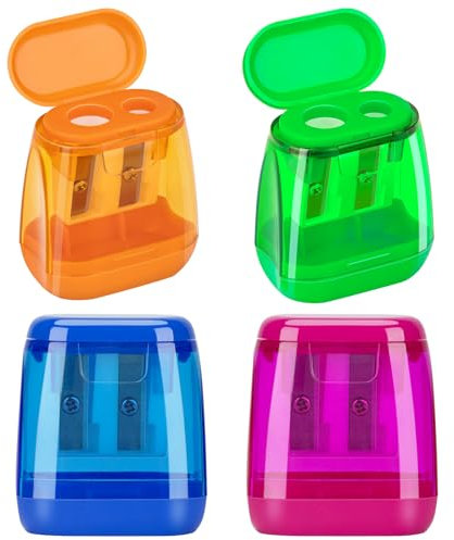 JEFURE Anspitzer 4 Stück, Doppellöcher, Dose, Bleistiftspitzer für Dicke und Dünne Stifte, Schule und Büro in 4 Farben