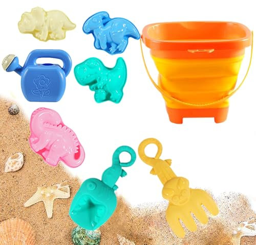 ChaneeHann Giocattoli da Spiaggia per Bambini, Set 8 Pezzi con Secchiello Pieghevole e Formine Sabbia, Giochi da Spiaggia e Sabbionaia, Giocattoli Estivi per Bambini 2 3 4 Anni, Giochi all’Aperto
