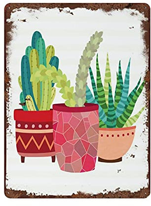 SMAZDFXX Potted Cactus Trio Metal Tin Sign Decorable Succulent Wall Art Cactus Southwestern Decor Potted Cacti Metal Room Sign for Home Kitchen Bar Room Garage Decor 16x12 Inch