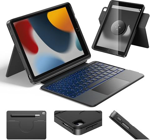 HOU iPad 9th Generation Case with Keyboard(8th/7th gen),iPad Air 3 & Pro 10.5 360° Rotatable&Detachable Combo,Ultra-Silent Keys,7-Color Backlit,50H Battery,Lightweight Cover,Portrait/Landscape,Black