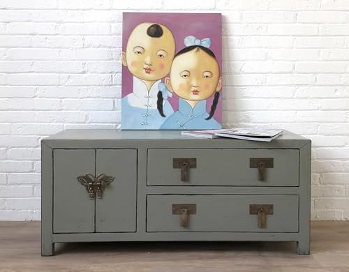 OPIUM OUTLET Schrank Kommode Sideboard Lowboard Hochzeitsschrank chinesisch asiatisch orientalisch Asia Vintage Möbel komplett montiert (grau)