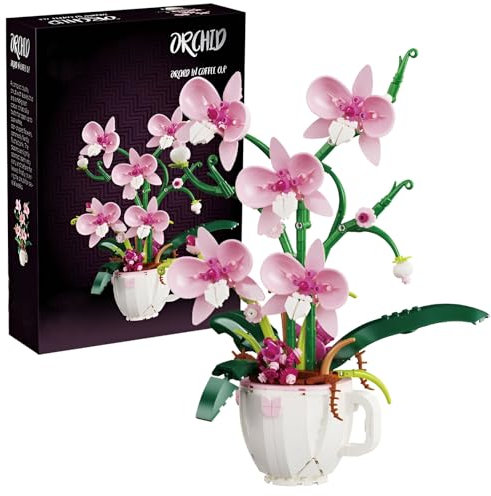QuirkQuest Orchid Coffee Cup Building Blocks Set, 567PCS Artificial Florid Bricks Models, Botanical Collection Flower Toy Kit, Women Girls Adult Decorations