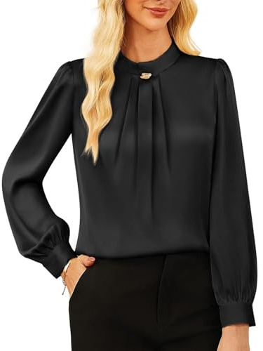 GRACE KARIN Camicia da donna in raso, elegante, plissettata, con colletto alto, formale, Nero , L