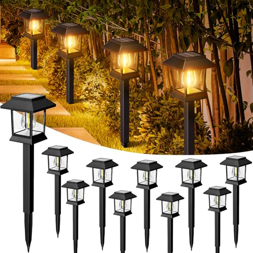 nipify Luces Solares LED Exterior Jardin, 10 Piezas LED, IP65 Impermeable, 3000K Vintage Blanco Cálido, Luces sin Cables para Césped, Terraza, Patio y Calzada