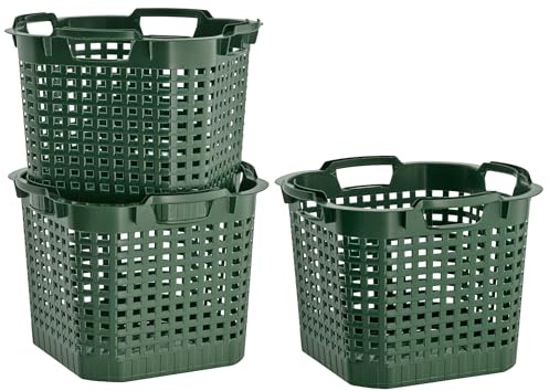 Erntekorb 25 Liter Kartoffelkorb Gartenkorb lebensmittelecht 3er Set Grün | BURI, Obstkorb, Laubkorb, HDPE, Drehstapelkorb, Vorratskorb, ineinander stapelbar, extrem robust, Made in Germany, vielseitig