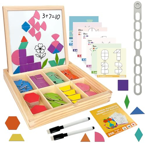 Fortivae Wooden Magnetic Pattern Blocks Set, 234 Pcs Magnetpuzzle Geometrische Formen Puzzle, Montessori Spielzeug, Pädagogisches Spielzeug Rätselgeschenk für 3 4 5 6 7 Jahre
