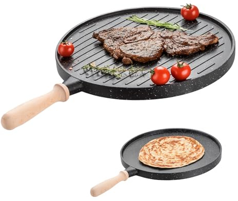 Camp&Fire Double Sided Griddle Pan | 35cm Granite Casting Round Grill & Flat Plate for BBQ, Gas Hob, Oven or Fire | Non-Stick Reversible Pan with Removable Handle, High Heat Resistant.