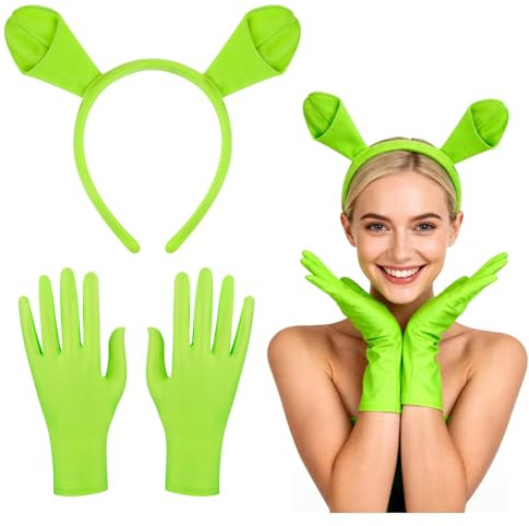 RAOPNHS 2 Stück Karneval Kostüm, mit Grün Ohrringe und Handschuhe, Dekorationsdesign-Kostüme für karneval Halloween, Rollenspiel für Erwachsene Junge Mädchen Themenpartys, Fasching, Geburtstagsparty