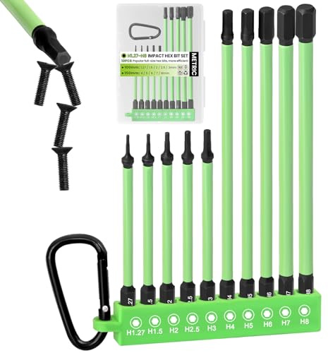 Impact Allen Key Bits H1.27-H8, 100mm+150mm Long Allen Screwdriver Bits | CYLBAQ 10PCS Metric Hex Drill Bits, S2 Steel 1/4 Hex Shank Impact Torsion Bits with Locking Carabiner & Storage Holder