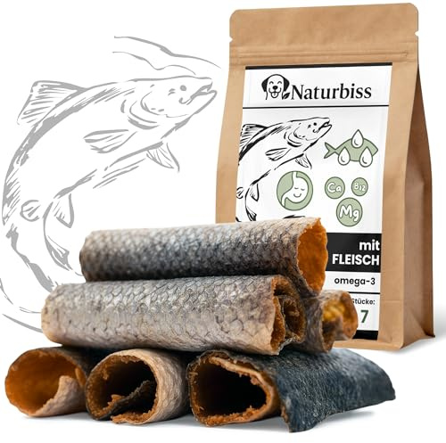 Naturbiss Lachshaut mit Fleisch Hund 7 Stück (10cm) – Omega 3-öl Fischhaut, Hundesnacks Lachs – Hypoallergen, Getreidefrei – Natürliche Fisch Leckerlis, Monoprotein Kaurollen zur Zahnpflege und Fell