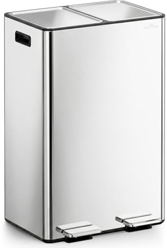 mVm Cubo de Basura para la Cocina, 2 Compartimentos 2 x 30L Cubo de Basura Cocina, Papelera Moderna y Robusta, Cierre Suave, para Cocina, Salón, Plata