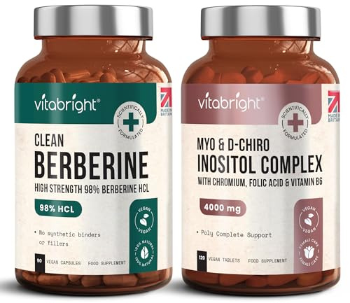 VitaBright Berberine 500mg Capsules (98% Pure Berberine HCl) 90 Vegan Caps + Myo-Inositol & D-Chiro Inositol 4000mg 120 Chewable Tablets with Vitamin B6, Folic Acid & Chromium – 2-Pack Bundle