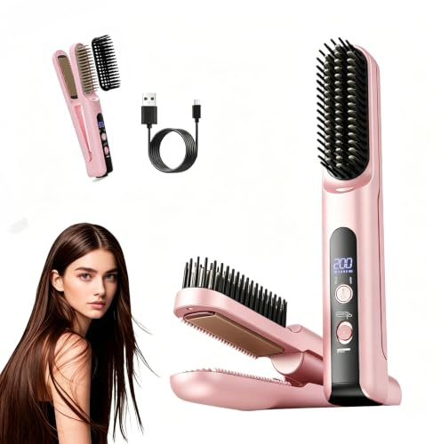 Midslinee Cepillo Alisador De Cabello, 2 en 1 Plancha de Pelo y Cepillo | Plancha de Pelo Portátil para Viaje, Apta para Todo Tipo de Cabello, Peinado Recto con Función de Carga USB