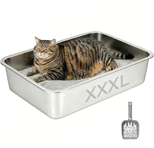 LEEJARD XXXL Edelstahl Katzentoilette 70x50x15,5cm – Extra Groß Katzenklo mit hohem Rand & Schaufel, rostfrei & antihaftbeschichtet, für große Katzen & Mehrkatzenhaushalte