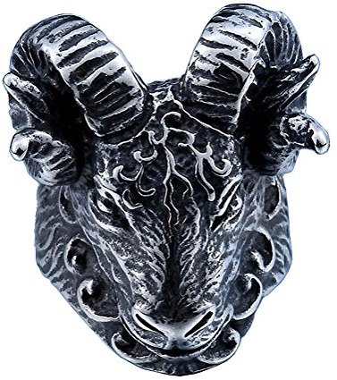 HIJONES Herren Edelstahl Vintage Silber Ton Schwarz Ziegenhorn Gothic Biker Ring Tierkopf Größe 57