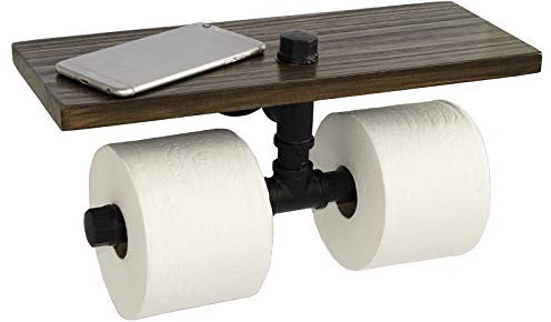 EXCELLO GLOBAL PRODUCTS Porte-rouleau de papier toilette industriel double avec étagère en bois rustique et matériel de tuyau en fonte pour salle de bain, toilettes