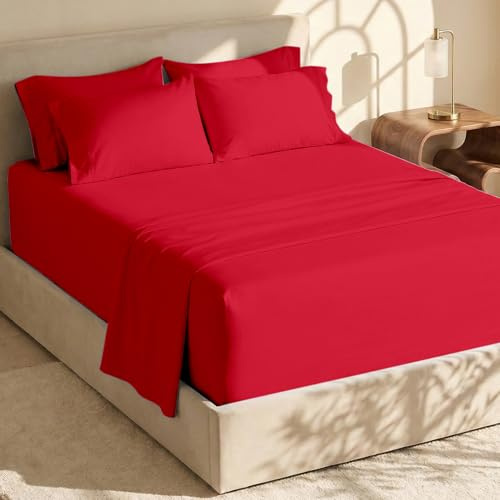 Hearth & Harbor Fits Mattress up to 21, Double Brushed Bedding Sheets & Pillowcases, Microfiber, Cherry Red, Queen