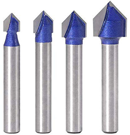 Eyech 4pcs 90 Degree V Groove Router Bit Solid Carbide CNC Engraving V-Grooving Bit Woodworking Cutting Tools -1/4 Shank