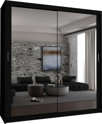 MN Furniture Houston Double Mirror Space Saving Bedroom Sliding Door Wardrobe 100cm/120cm/150cm/180cm/203cm (Black, 203cm)