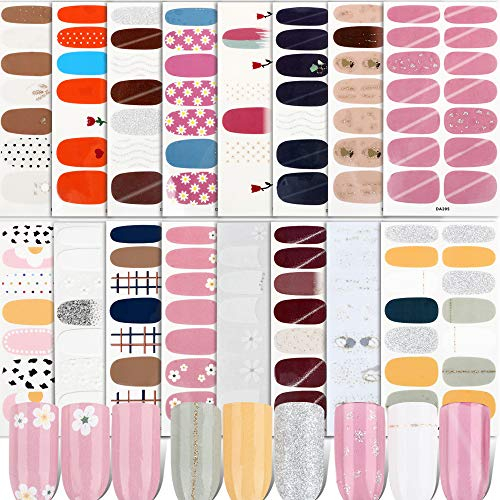 16 Sheets Nail Polish Stickers Full Nail Wraps, Glitter Purple Silver Flowers Self-Adhesive Nail Polish Self-Adhesive Nail Stickers Nail Decals for Women Girls