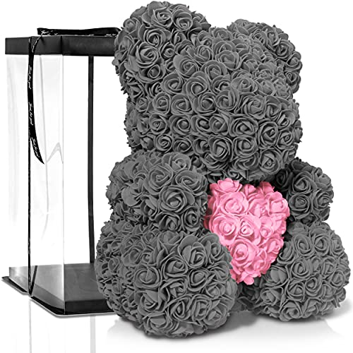 ROSEBEAR Blumenbär mit Geschenkbox - Rose Bear aus ewigen Rosen in voller Farbe - Geschenk für Ihn & Sie zum Jahrestag Geburtstag Muttertag Hochzeitstag (40 cm Grau mit Herz)