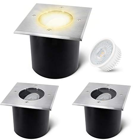 SSC-LUXon 3 Stück JADINA Bodeneinbaustrahler flach schwenkbar mit LED Lampe 5W warmweiß 230V - Bodenlampe eckig befahrbar IP67