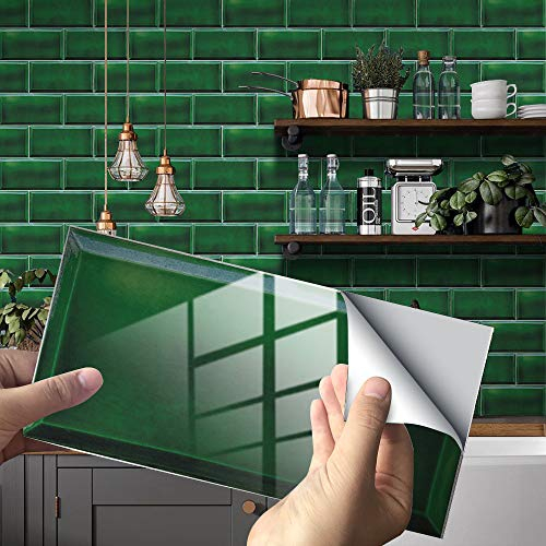 Hiseng 24/48 Stück Küchenrückwand Fliesenaufkleber, Rechteck Marmor Mosaik Muster Wasserdicht Ölfest Stickerfliesen Deko Selbstklebende für Küche Badezimmer Wohnzimmer (dunkelgrün,48Stück)