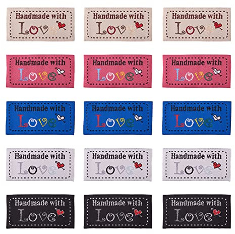 PandaHall 150 Stück Kleidung Nähen Etiketten 5 Farben Wort Handmade with Love Aufnäher Custom Kleidung Label zum Nähen Stricken Kleidung Dekoration