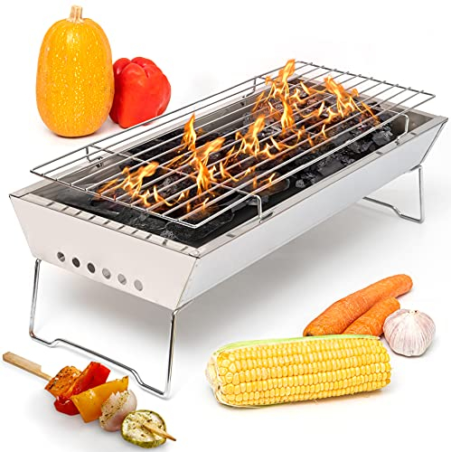Moss & Stone 17 In Portable Tabletop Grill, Charcoal Barbecue Grill, Stainless Steel Portable Folding Tabletop Charcoal Grill For Shish Kabob Burgers & Meat Steak.