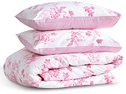 LERUUM Bettwäsche Set 140x200 Baumwolle Reversibel Blumen Streifen Rosa Bettbezug (140 x 200 + 65 x 65)