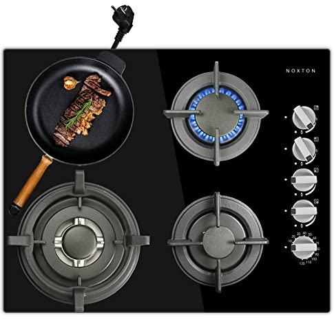 NOXTON Plaque Gaz 4 Feux Encastrable avec Minuterie, Table de Cuisson Gaz en Verre Trempé Noir Table de Cuisson avec Minuterie, Surface en verre poli, Support Wok, avec kit GPL pour NG/GPL, 220~240V