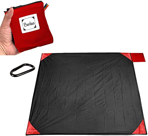 BeiLan Mini-Taschen-Picknickdecke, langlebig, leicht, wasserdicht, sanddicht, Strand, Camping, Reisematte, faltbar, dünne Bodenplane für Outdoor-Aktivitäten (150 x 180 cm, Schwarz und Rot)