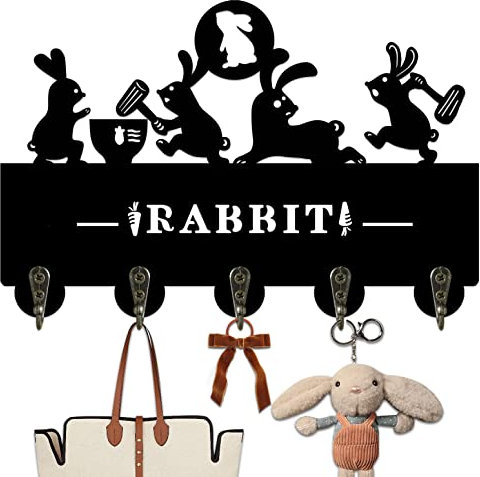 PeiYi House Crochet à clés en forme de lapin pour décoration murale – Organisateur de clés mignon avec 5 crochets pour clés – Porte-manteau en forme de lapin, porte-clés animal, crochet de serviette –