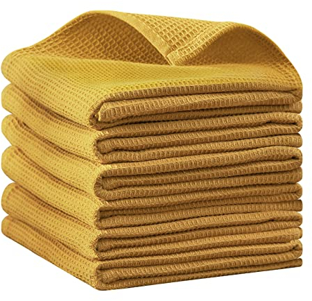 QUILTINA Geschirrtücher-Set, 100 % Baumwolle, Waffelgewebe, Küchentücher, 6 Stück, 43,2 x 63,3 cm, Geschirrtücher für Küche, super saugfähig zum Trocknen und Reinigen (Senfgelb)