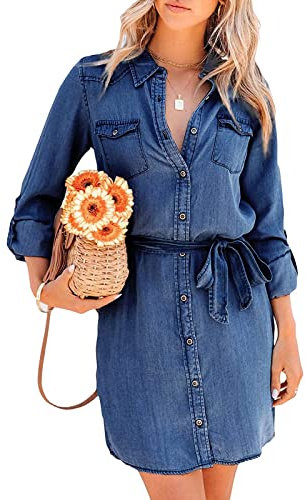 FeMereina Women's Long Sleeve Blouse Jean Dress Denim Shirt Dresses Button Down Chambray Waist Ties Tunic Mini Dress with Pockets (Dark Blue, Large)
