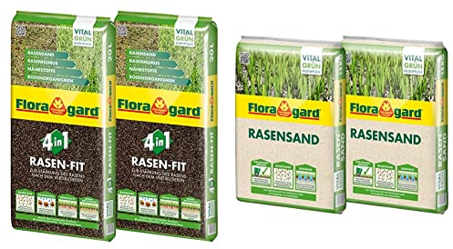 Floragard 4 in 1 Rasen-Fit 2x20 L für 20 m² • Rasenerde • Rasensubstrat zur Neuanlage & Rasen-Sand 2x15 kg für 20 m² • Rasenpflege • zum Lüften schwerer Böden • zum Topdressing nach dem Vertikutieren