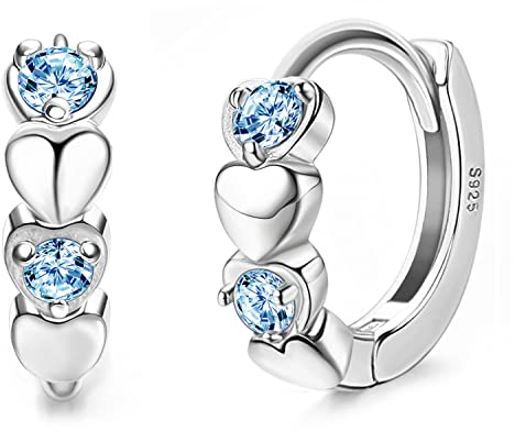 JeweBella 925 Sterling Silber Kleine Creolen Herz Ohrringe Bunt Zirkonia Herz Ohrringe Hypoallergen Sleeper Knorpel Creolen Rosa Lila Blau Weiß für Kinder Frauen